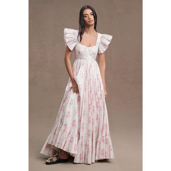 Anthropologie Dresses & Skirts - Anthropologie Cream Maxi Dress with Pink Floral Ruffle Sleeves